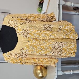 3 for $30💛 WASHCO APPAREL Yellow Floral Patchwork Blouse - Boho Smocked Cuff S
